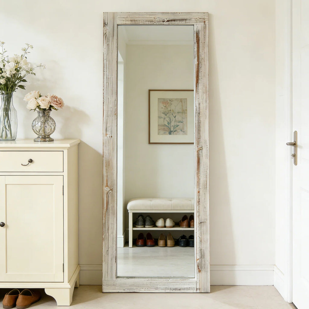 Elegant Full-Length Mirror With Washed White Frame - Durable Pine Wood, Freestanding Or Wall-Mounted Versatility For Bedroom, Living Room, And Entryway Decor