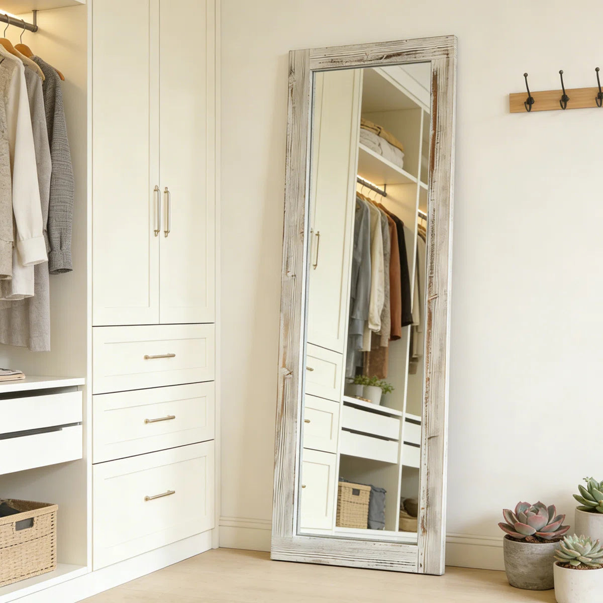 Elegant Full-Length Mirror With Washed White Frame - Durable Pine Wood, Freestanding Or Wall-Mounted Versatility For Bedroom, Living Room, And Entryway Decor