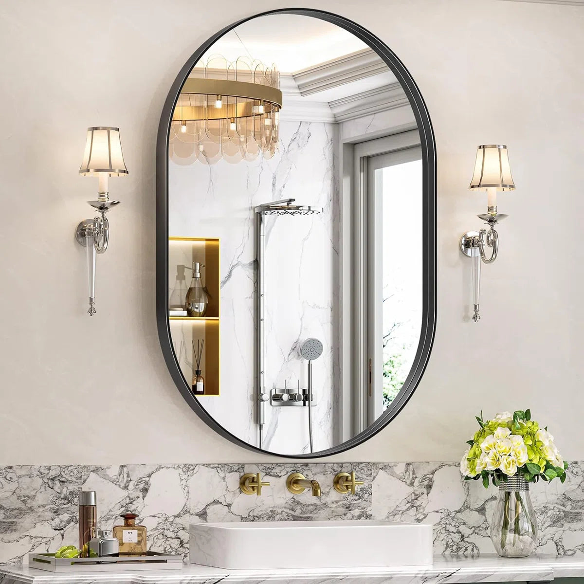 Axia 36''x24'' Metal Oval Pill-Shaped Wall Mirror for Bathroom, Living Room, Entryway