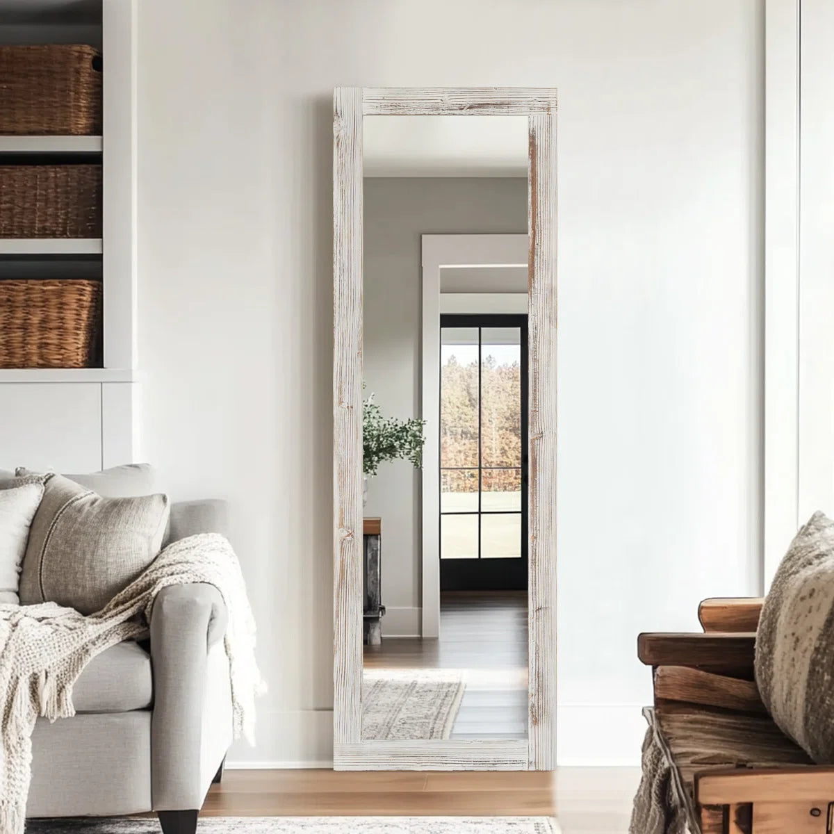 Elegant Full-Length Mirror With Washed White Frame - Durable Pine Wood, Freestanding Or Wall-Mounted Versatility For Bedroom, Living Room, And Entryway Decor