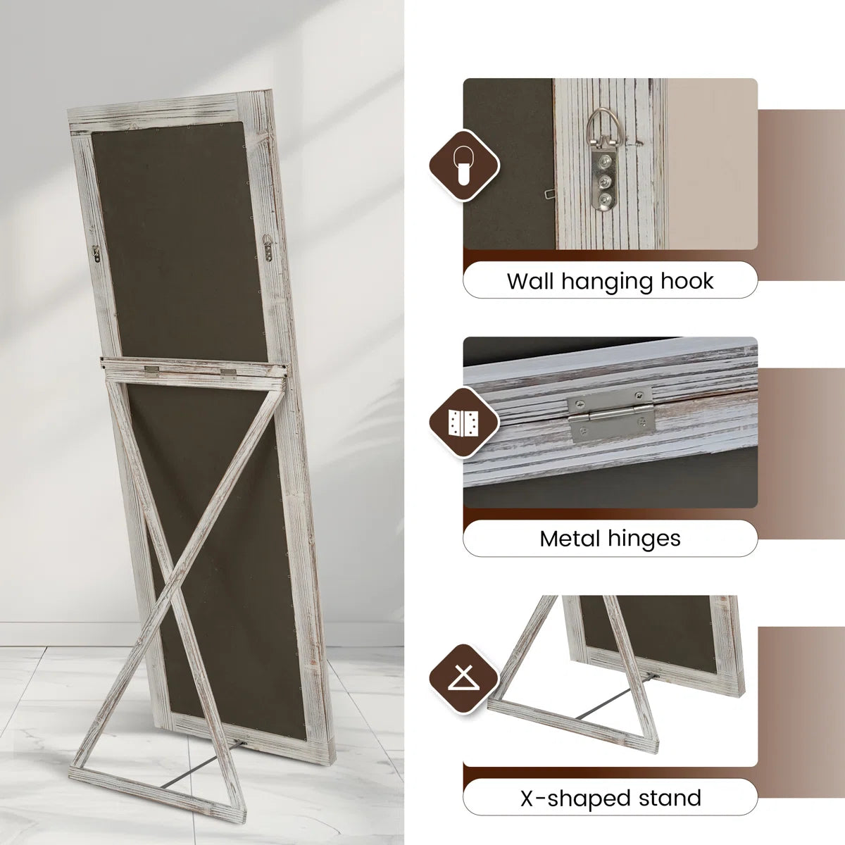 Elegant Full-Length Mirror With Washed White Frame - Durable Pine Wood, Freestanding Or Wall-Mounted Versatility For Bedroom, Living Room, And Entryway Decor