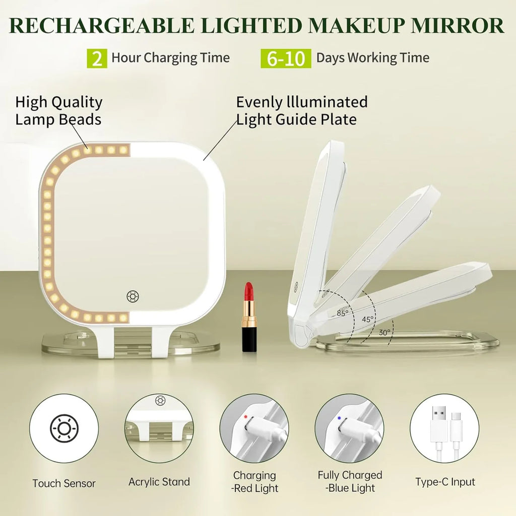 Lighted Travel Makeup Mirror – 10X Magnification, Rechargeable Double-Sided Vanity Mirror