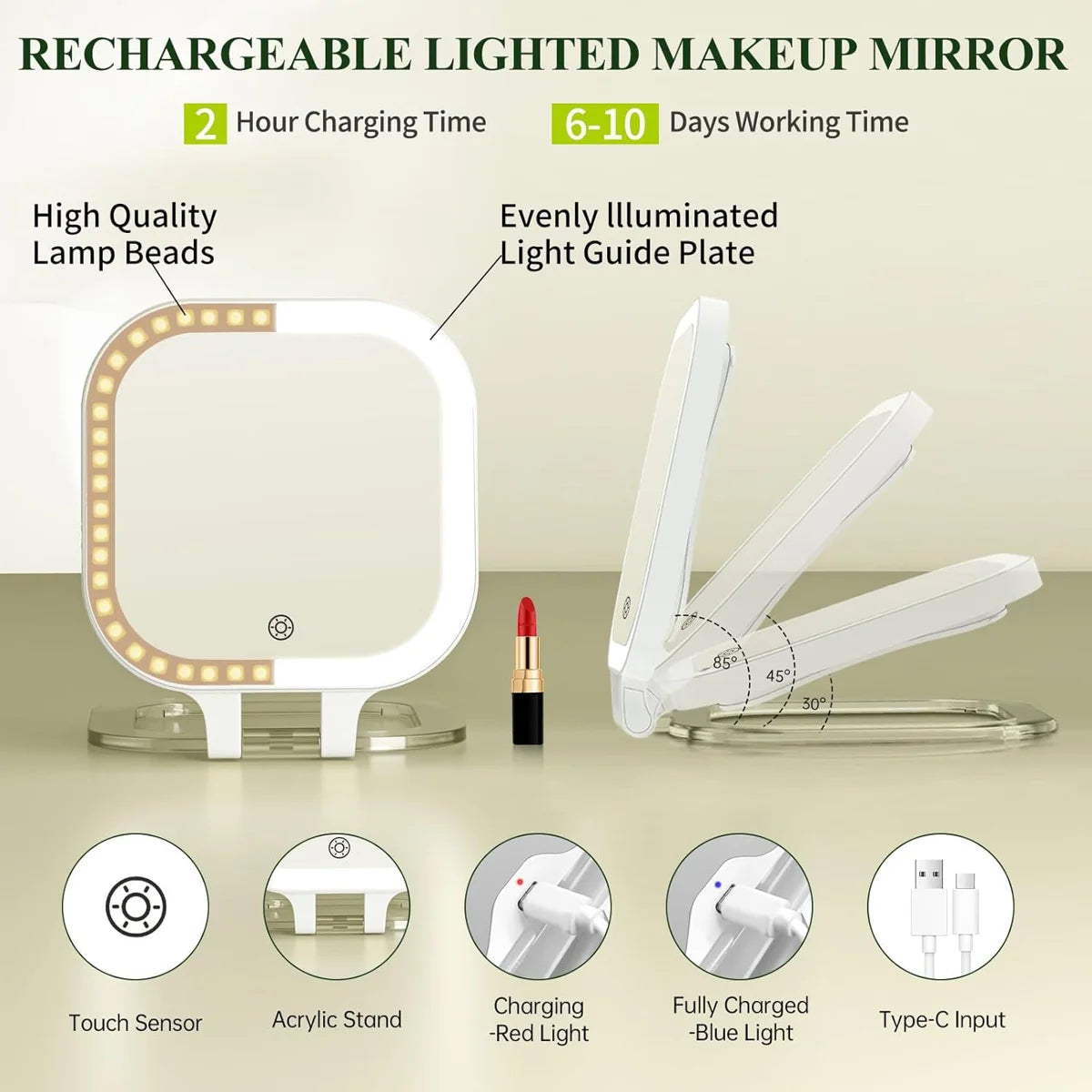 Lighted Travel Makeup Mirror – 10X Magnification, Rechargeable Double-Sided Vanity Mirror