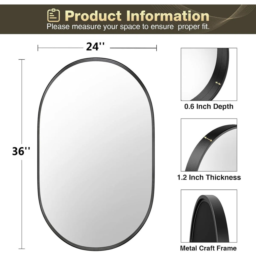 Axia 36''x24'' Metal Oval Pill-Shaped Wall Mirror for Bathroom, Living Room, Entryway