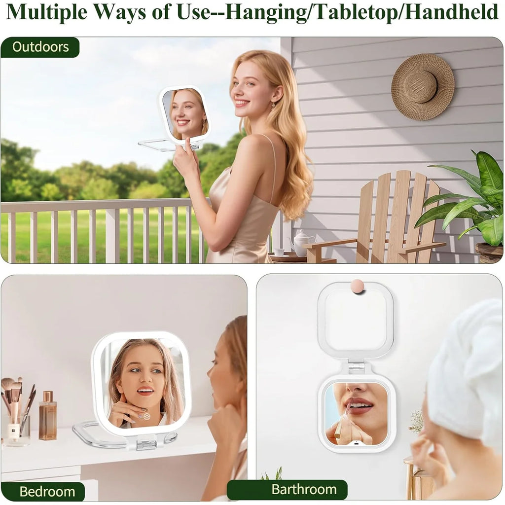 Lighted Travel Makeup Mirror – 10X Magnification, Rechargeable Double-Sided Vanity Mirror