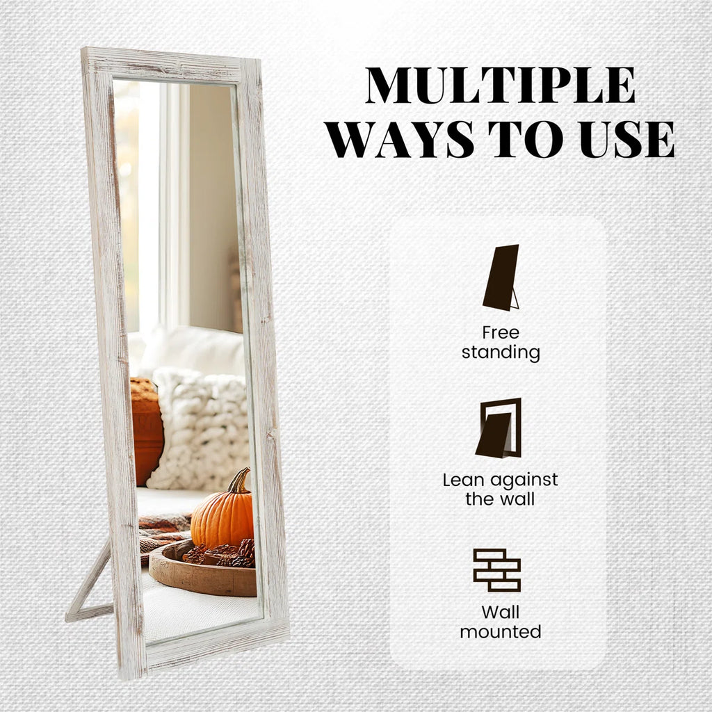 Elegant Full-Length Mirror With Washed White Frame - Durable Pine Wood, Freestanding Or Wall-Mounted Versatility For Bedroom, Living Room, And Entryway Decor