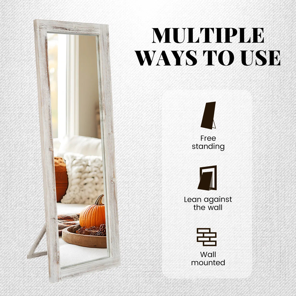 Elegant Full-Length Mirror With Washed White Frame - Durable Pine Wood, Freestanding Or Wall-Mounted Versatility For Bedroom, Living Room, And Entryway Decor