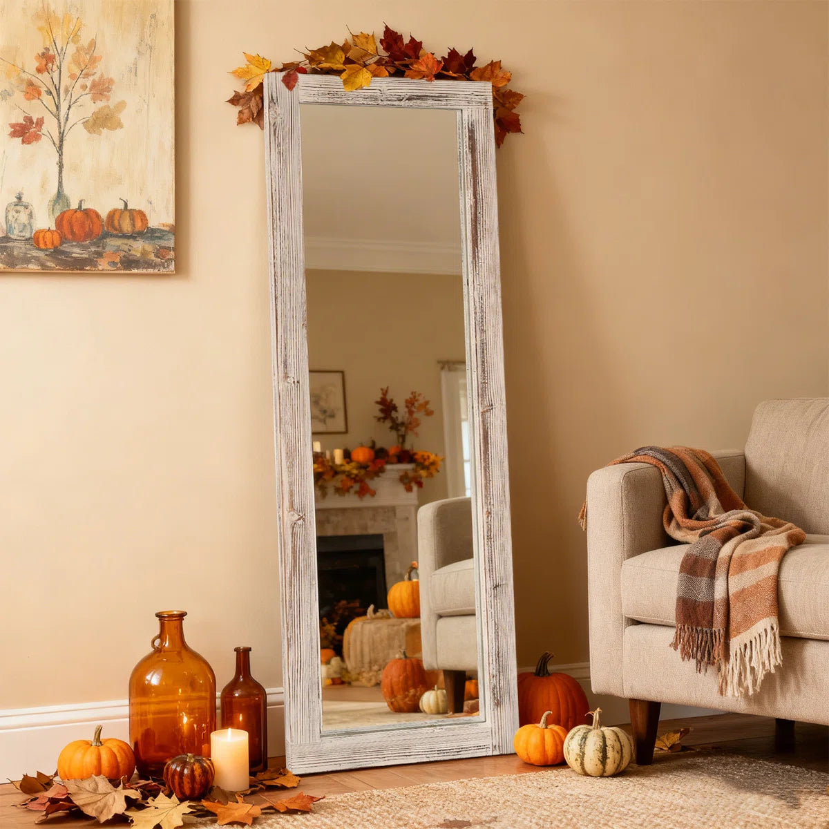 Elegant Full-Length Mirror With Washed White Frame - Durable Pine Wood, Freestanding Or Wall-Mounted Versatility For Bedroom, Living Room, And Entryway Decor