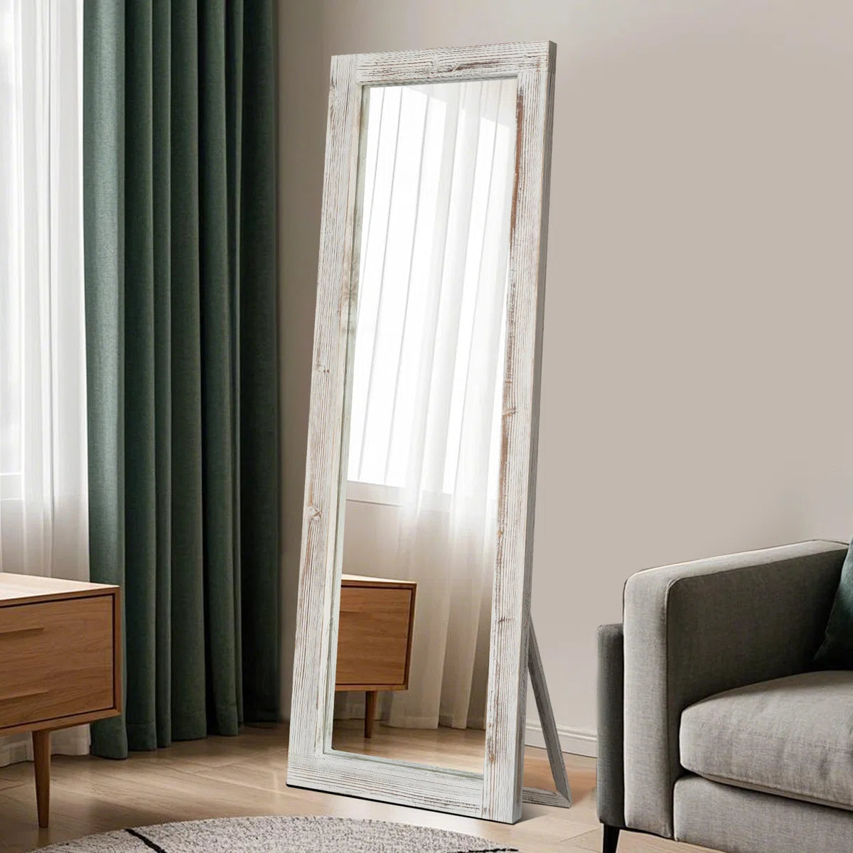 Elegant Full-Length Mirror With Washed White Frame - Durable Pine Wood, Freestanding Or Wall-Mounted Versatility For Bedroom, Living Room, And Entryway Decor